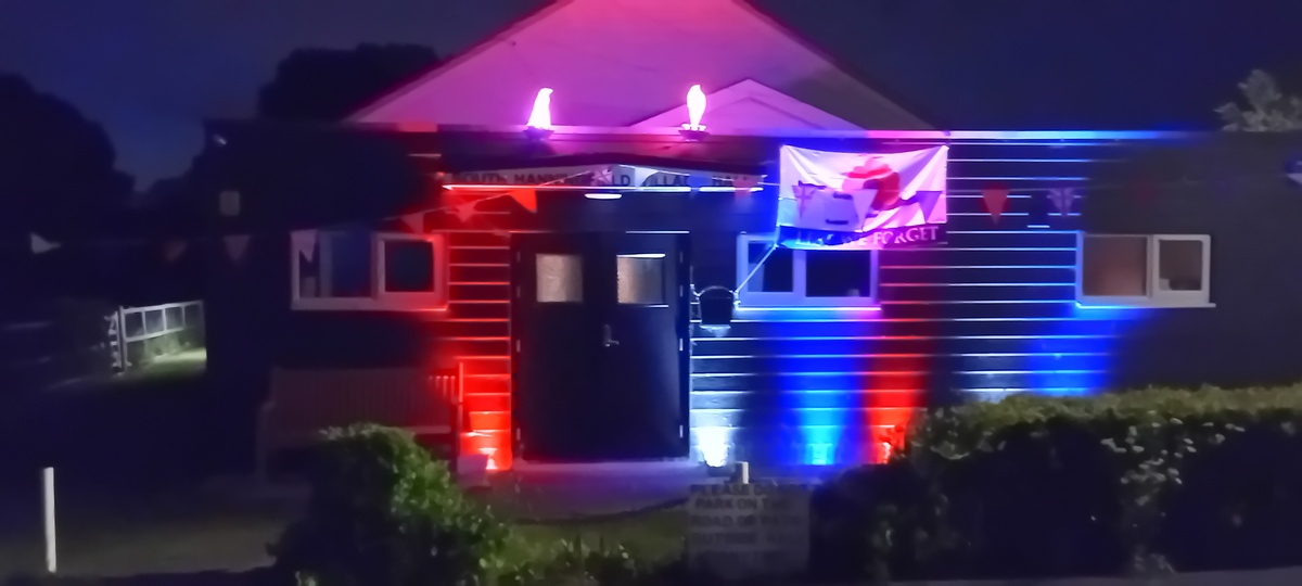 The hall turns Red White and Blue celebrating the 80th anniversary of VE Day